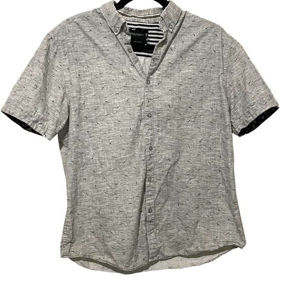 Denim & Flower Mens Large Gray Bird Print Short Sleeve Button Up Shirt Slim Fit - Picture 1 of 11